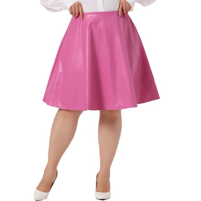 Falda midi acampanada de fiesta para mujer de talla grande Agnes Orinda, con cintura elástica de PU, 1X, color rosa intenso