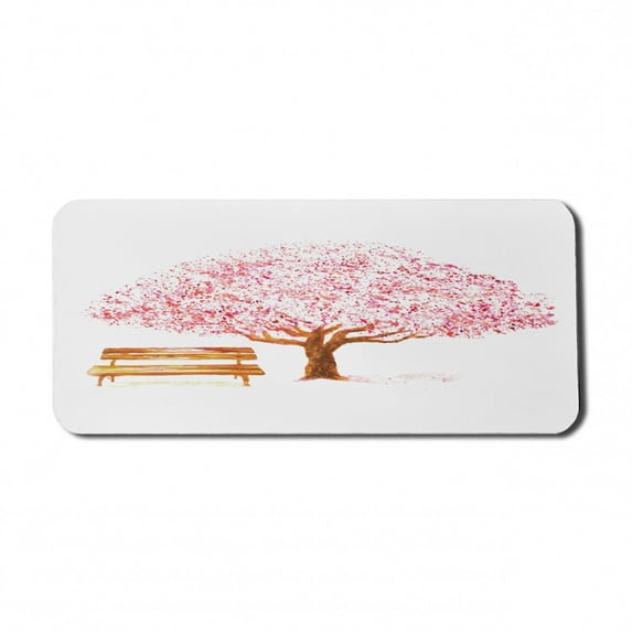 Nature Computer Mouse Pad, Watercolor Blooming Cherry Tree in the Park with Wooden Bench Floral Artwork Print, Rectangle Non-Slip Rubber Mousepad X-Large, 35" x 15", Pink Brown, by Ambesonne