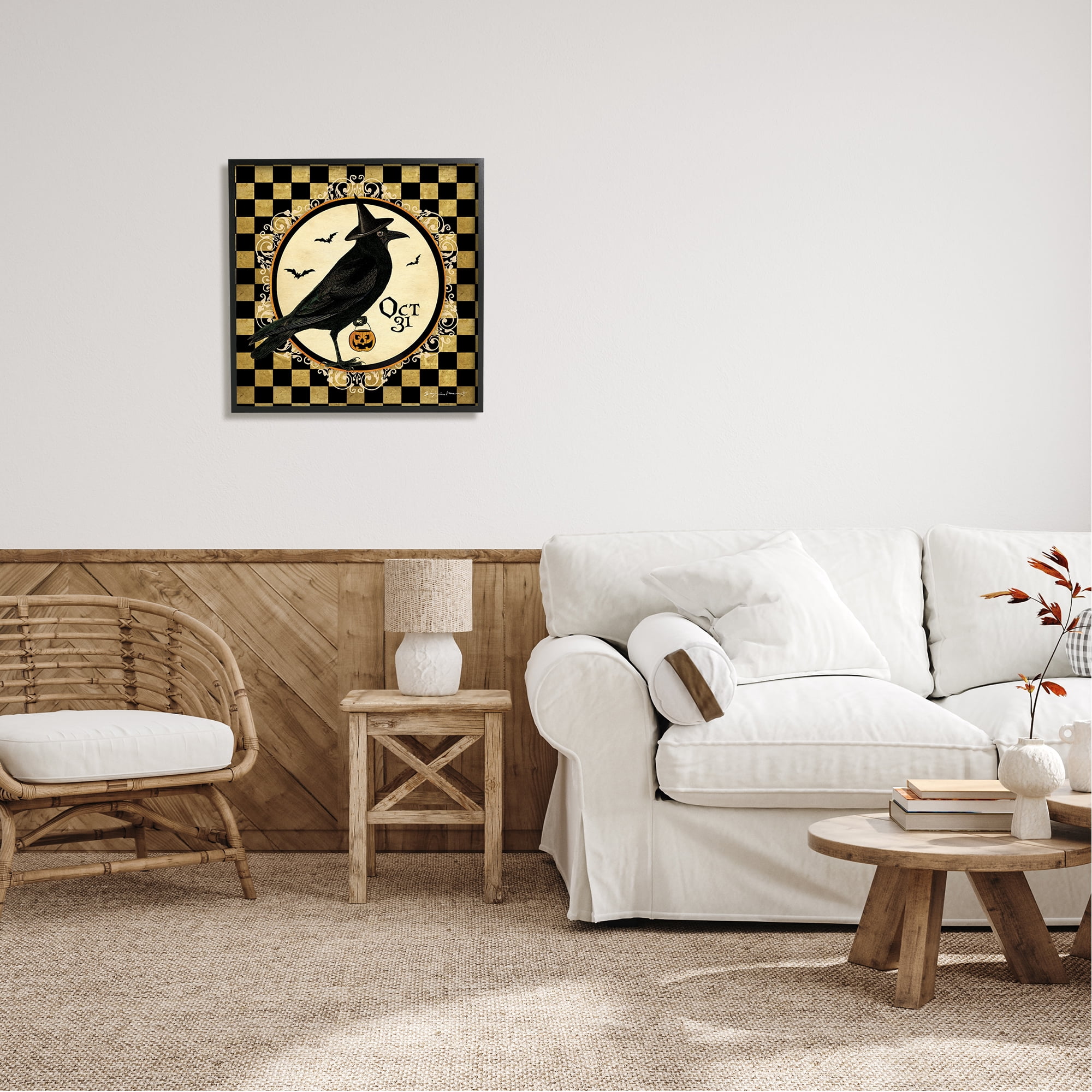 Stupell Industries Oct 31 Checkered Halloween Crow Holiday Painting Black Framed Art Print Wall Art