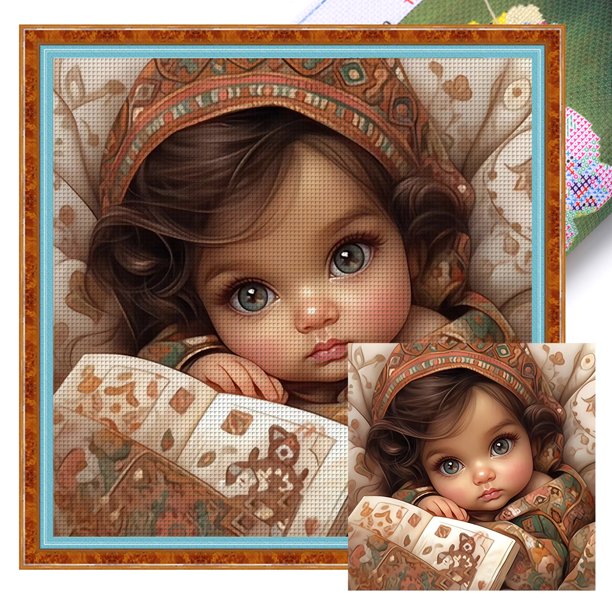 Hilo Algodón Ecológico Bordado Punto Cruz Con Niña Ojos Grandes 11CT 50x50cm