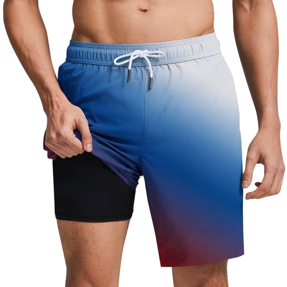 hotojiny Men's 2 in 1 Running Shorts Stylish Gradient Summer Athletic Shorts Quick Dry Gym Training Workout Shorts with Pockets