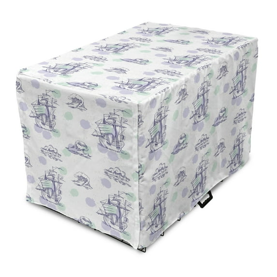 Sailing Dog Crate Cover, Rhythmic Sailboat Vessels Watercolor Drops Waves Sketch, Easy to Use Pet Kennel Cover Small Dogs Puppies Kittens, 7 Sizes, Purple Green, by Ambesonne