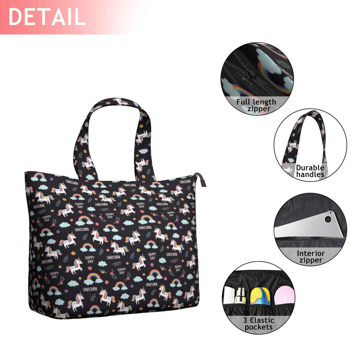 Black Cartoon Unicorn Rainbow Travel Tote Bags for Women Carry On,Large Weekender Bags for Women Travel,Multi Functional Duffle Bag for Work,Shopping,Sports