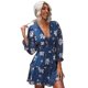 thumbnail image 1 of Mini vestido de gasa con estampado bohemio Floral estilo playero para mujer, escote en V profundo, dobladillo con volantes, manga larga, Espalda descubierta, vestidos irregulares de verano, 1 of 2