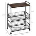 thumbnail image 3 of HOMCOM 3-tier Rolling Cart, Slim Kitchen Cart with Wheels, 2 Sliding Baskets, Microwave Cart with Side Hooks for Dining Room, Walnut Wood Tone, 3 of 8