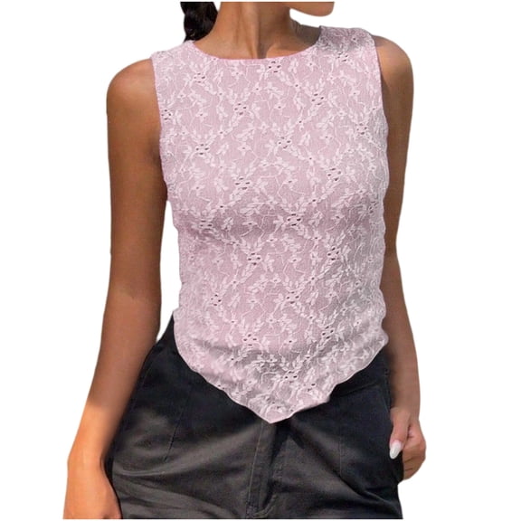 jobturf Floral Lace Tank Tops for Women Asymmetric Hem Slim Fitted Sleeveless Shirts Going Out Summer Blouses Beach Vacation Outfits S-XL