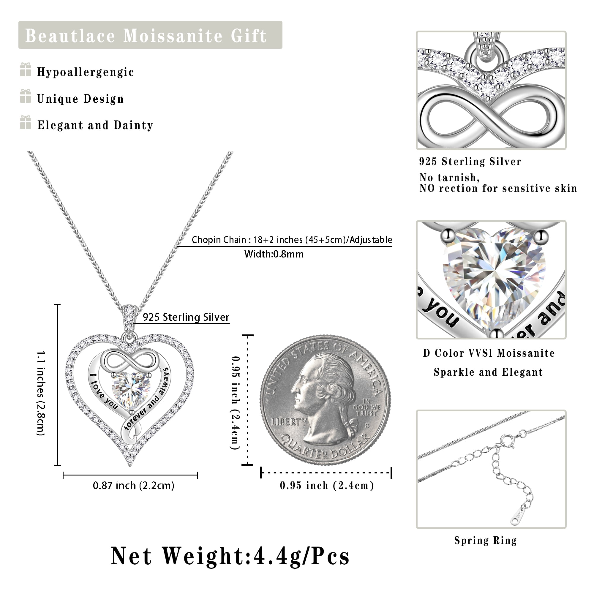 Beautlace 925 Sterling Silver 1CT Heart Moissanite Necklace,I Love You Forever and Always Birthstone Moissanite Jewelry Gift for Women