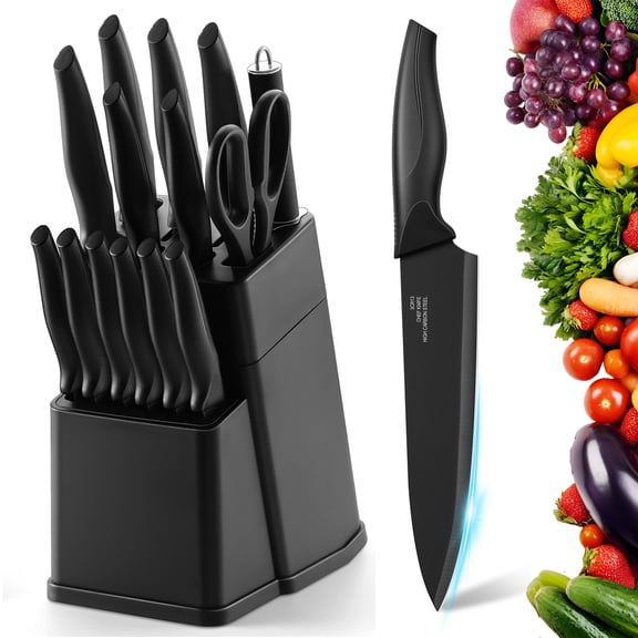 Walchoice 15 Pieces Knife Set with Block, High Carbon Stainless Steel Kitchen Knife Set with Sharpener, Rust Resistant & Dishwasher Safe - Black
