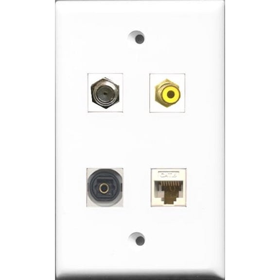 RiteAV 1 Port RCA Yellow and 1 Port Coax Cable TV- F-Type and 1 Port Toslink and 1 Port Cat6 Ethernet White Wall Plate