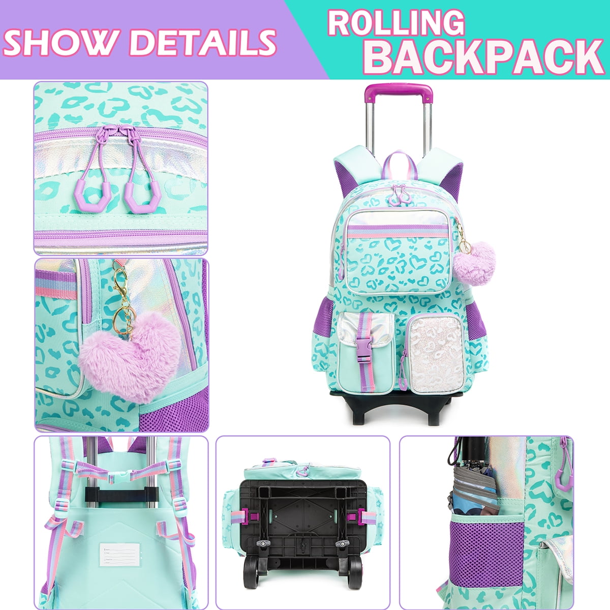 Kids Rolling Backpack with Wheels for Girls Teen,Trolley Roller Luggage with Wheels for Elementary School Students Bookbag