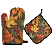 Yayeee Oven Mitts and Pot Holder Set of 2 Heat Resistant Kitchen Gloves Baking Hot Pad, Colorful Autumn Leaves