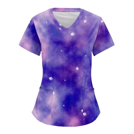 

Women Scrubs Top Working Uniform Nurses Clothing Starry Sky Printed Short Sleeve V-Neck Workwear TShirt Top Dailywear Tee With Pockets