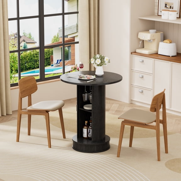 WARAYZ 27.5" Round Dining Table with Hidden Storage & Wine Rack, Black