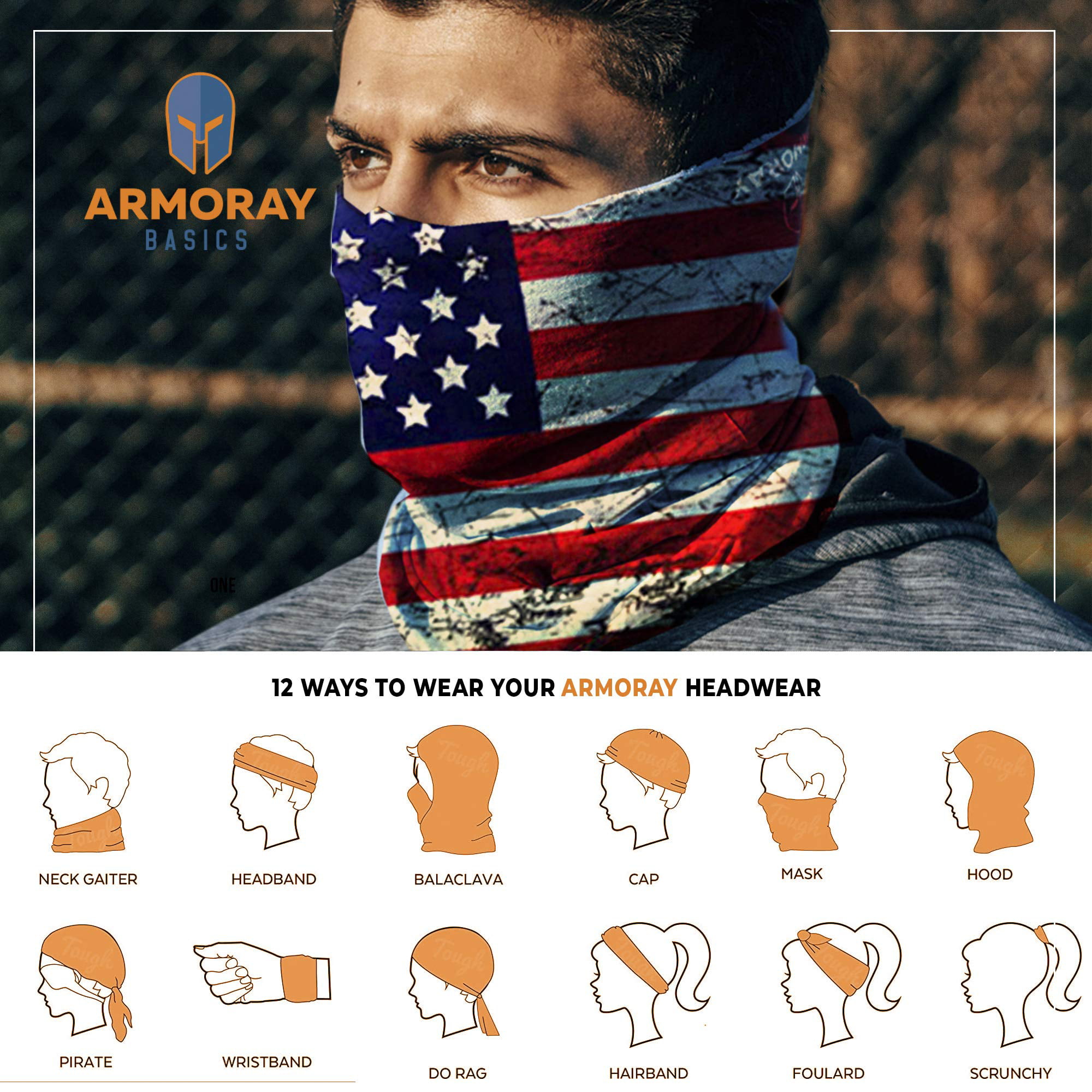 ARMORAY Neck Gaiter Face Mask - 4 Pack Reusable & Washable Cloth Face Cover,  Bandana, Shield & Scarf for UV, Sun & Dust Protection - Outdoor Head Wrap  for Fishing, Motorcycle Riding (BW USA 4 Pack) 