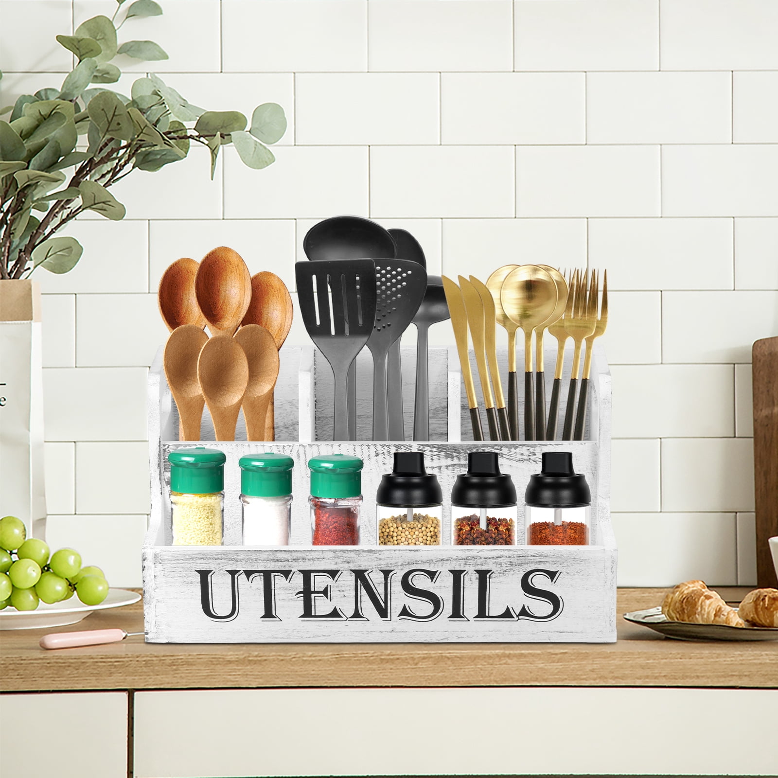 FUYGRCJ Extra Large Kitchen Utensils Holder with 4 Compartments, 2 Layers Wooden Utensil Holder Organizer for Countertop, Farmhouse Utensil Storage Caddy, Rustic Cooking Utensils Organizer