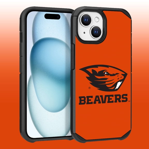 Apple iPhone 15 (6.1) / iPhone 14 (6.1) / iPhone 13 (6.1) - Licensed NCAA of Oregon State University Beavers Logo on Orange Textured Dual Layer Case