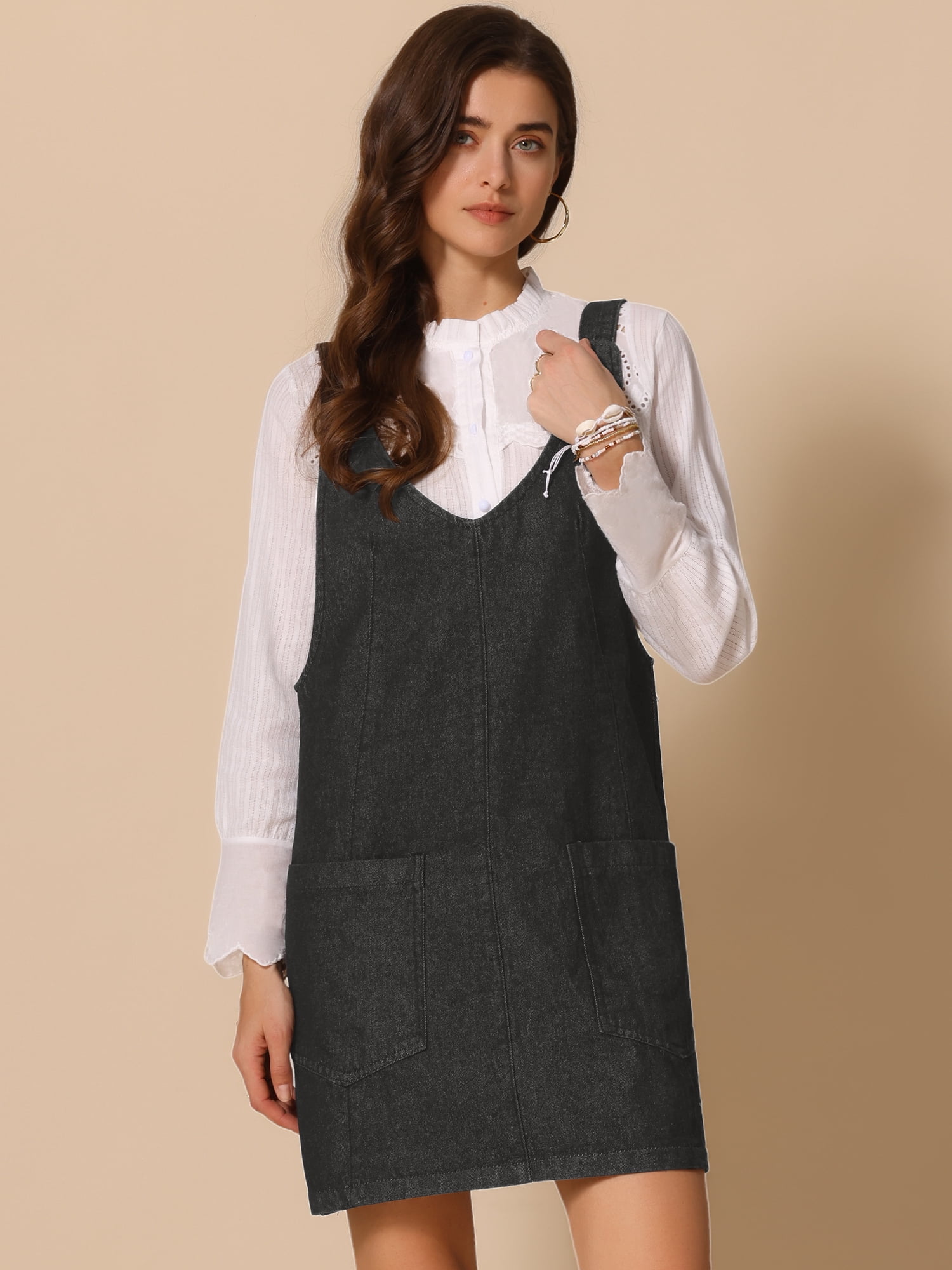 DARING DIVA Women's Sleeveless Adjustable Strap Denim Mini Pinafore Dress S Black