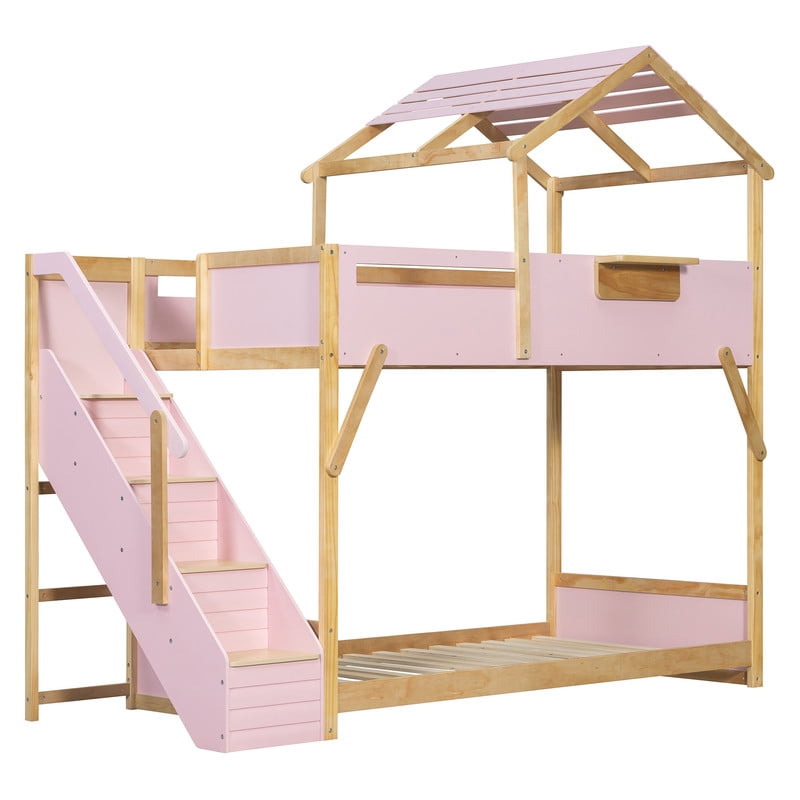 Twin over Twin House-Shaped Bunk Bed with Roof & Stairs, Kids Bed Frame with 3-Color LED Lights & Bedside Storage Shelf