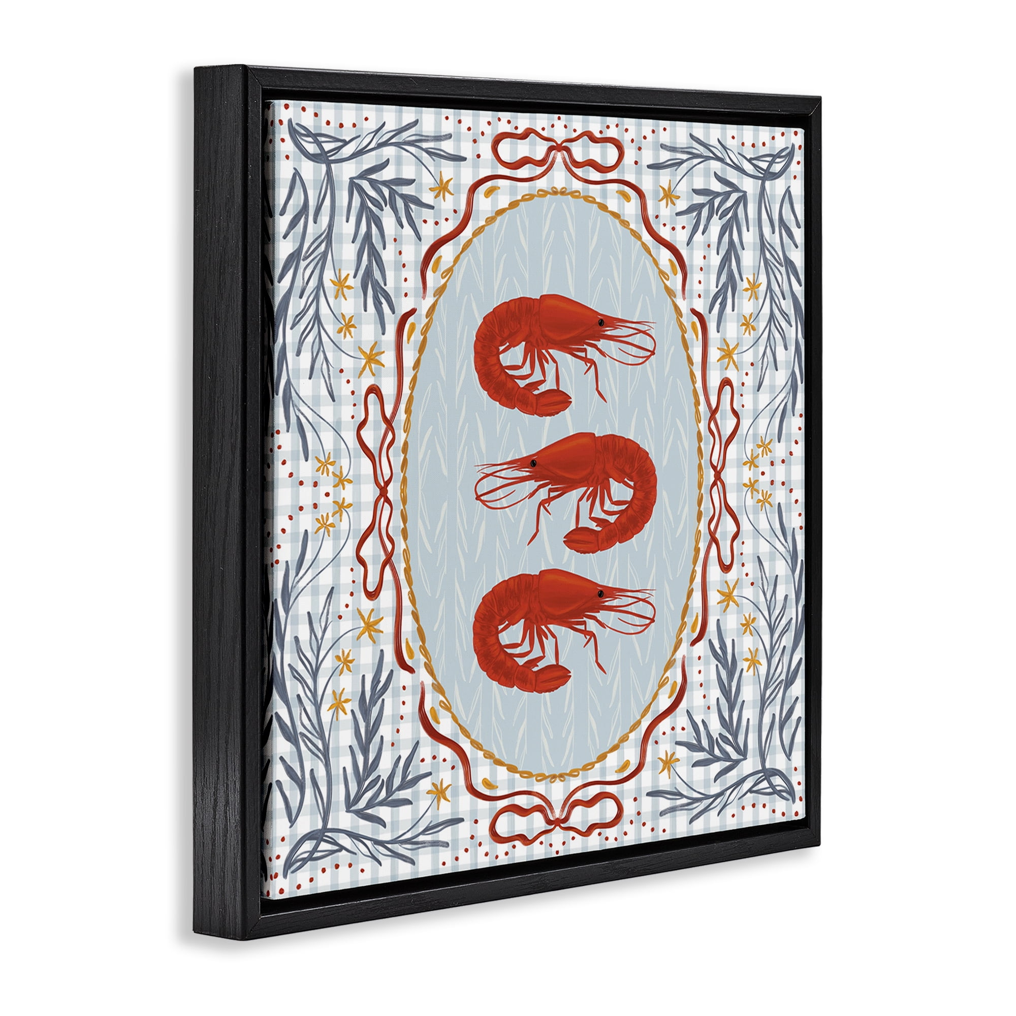 Stupell Industries Prawn Trio on Blue Gingham Black Framed Floater Canvas Wall Art, design by Vero Illustrates