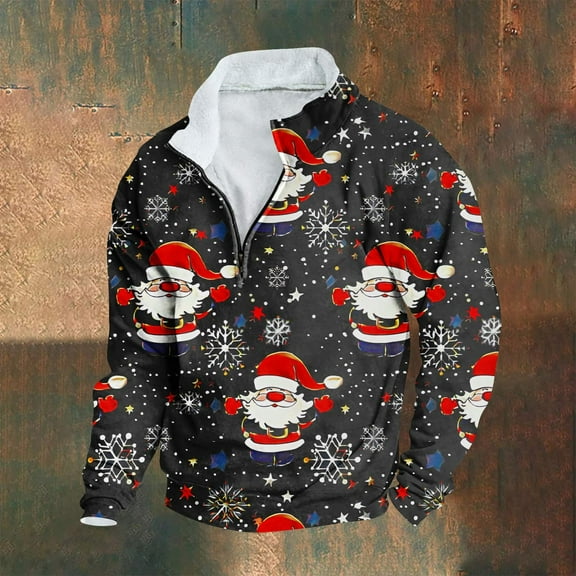 EchfiProm Mock Neck Sweatshirts for Men Fleece Christmas Fall Zipper Trendy Xmas Graphic Mens Shirts 2XL