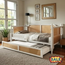 Tcbosik Rattan Daybed with Trundle, Twin Size Sofa Bed for Bedroom, Living Room, Guest Room, Wood Bed Frame, Space Saving, No Box Spring Needed, Antique White