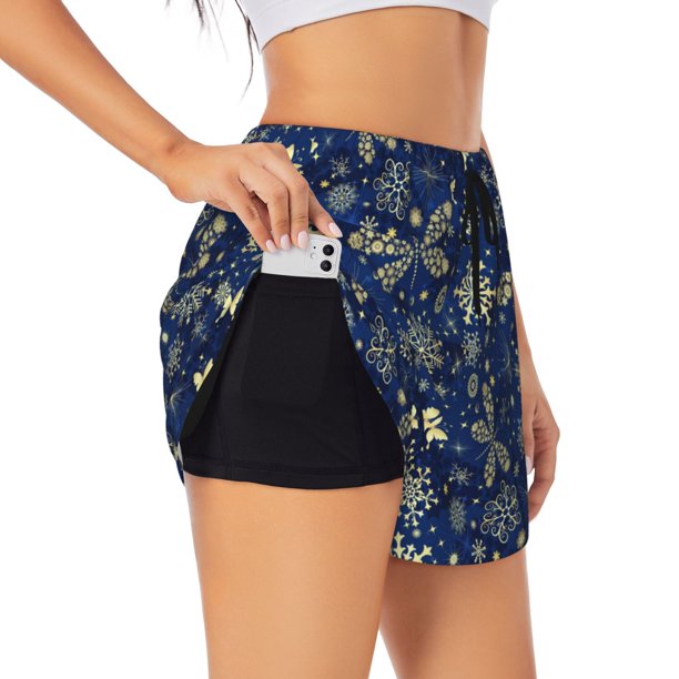 Balery Dark Blue Christmas Pantalones cortos deportivos para mujer con forro y dos bolsillos, elásticos, para entrenamiento, gimnasio, yoga-X-Large