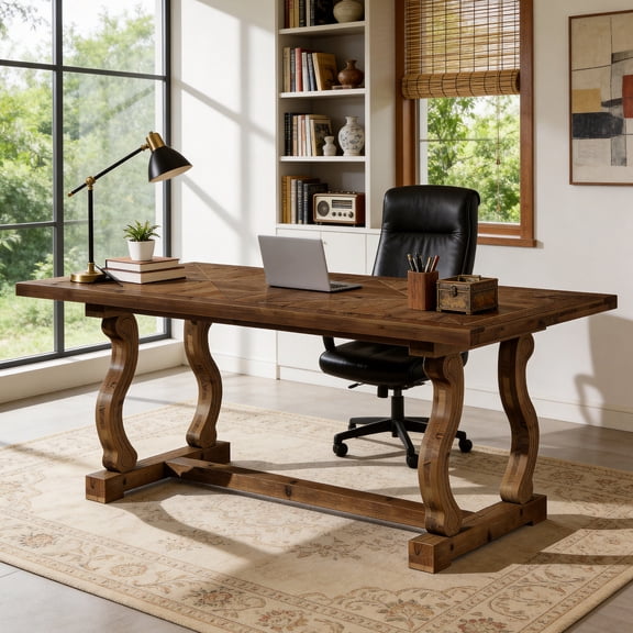 Finmind Solid Wood Executive Desk, 63" Large Computer Desk for Home Office, Farmhouse Rustic Wooden Workstations Business Office Furniture with Diamond Parquetry Top and S-Scroll Legs, Walnut
