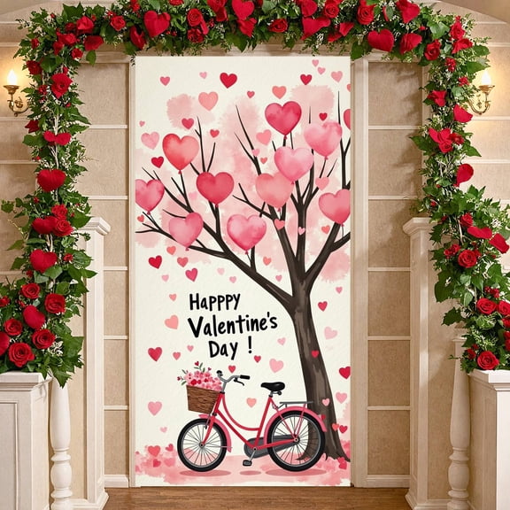 Red Heart Welcome Banner Buffalo Plaid Bow Love Backdrop Black Background Gold Polka Dots Heart Display for Front Door Decor Valentine's Day Party Housewarming Gift