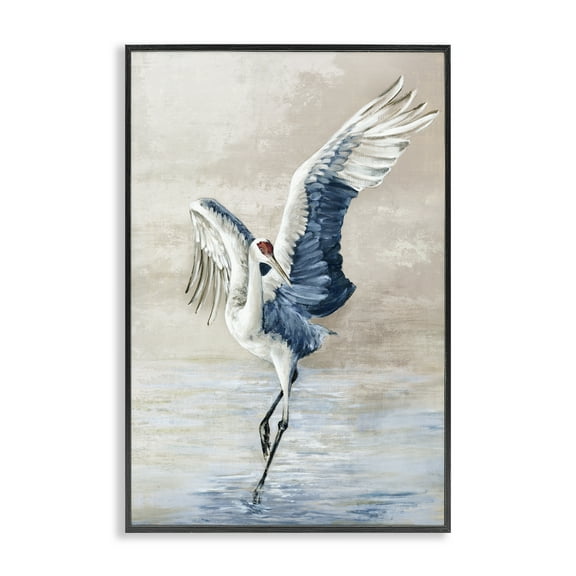 Stupell Industries Dancing Crane on Shore Animals Painting Black Framed Art Print Wall Art, 12 x 18