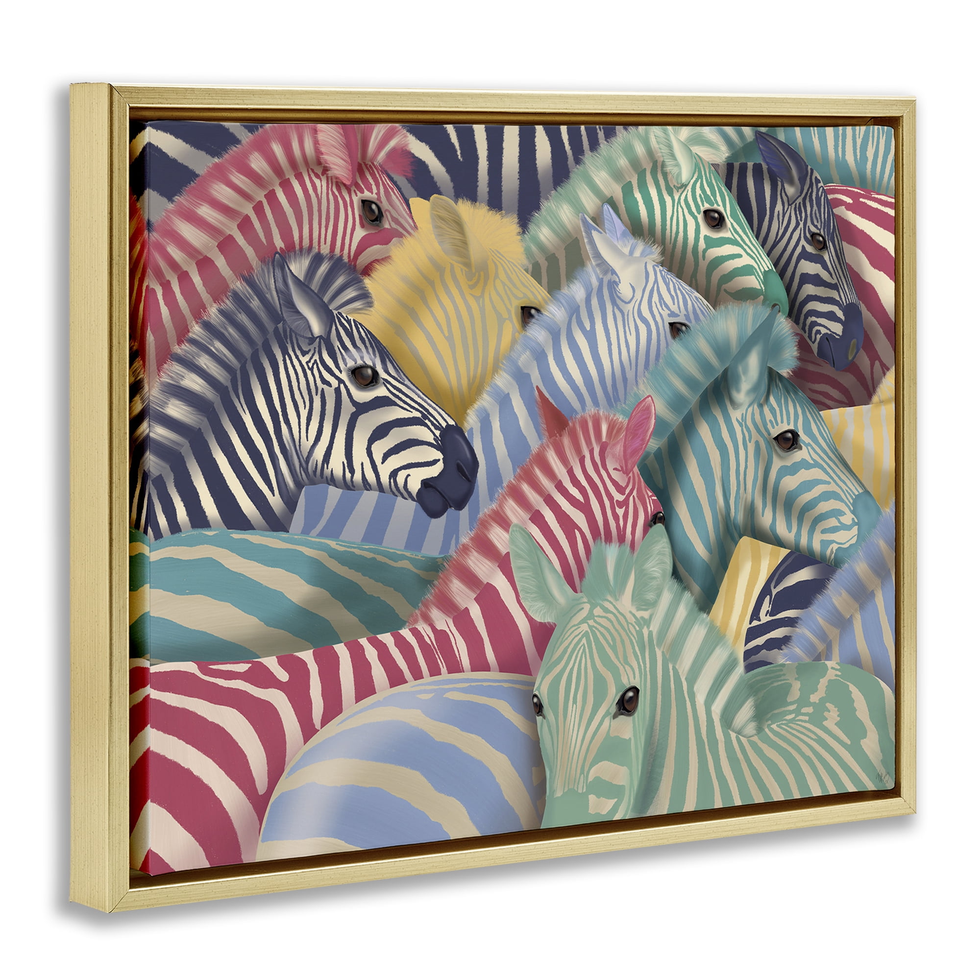 Stupell Industries Modern Hued Zebras Animals Painting Gold Floater Framed Canvas Art Print Wall Art, 21 x 17