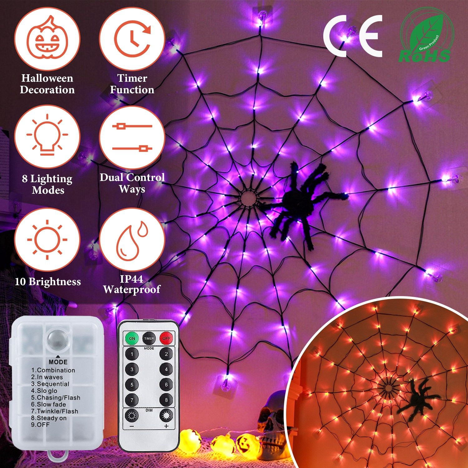 Halloween Spider Web Light 3.28FT with Remote Control 8 Modes 70 LED IP44 for Indoor Outdoor Party Decor