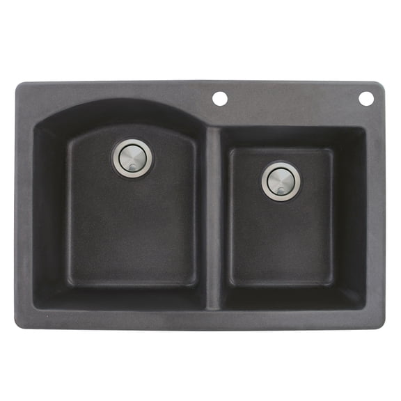 Transolid Aversa 33in x 22in silQ Granite Drop-in Double Bowl Kitchen Sink with 2 BE Faucet Holes, In Black