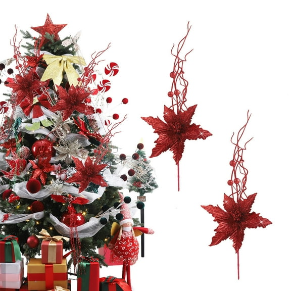 2Pcs 16.93 Inch Christmas Artificial Glitter Berry Stem Ornaments with Poinsettia Flower, Xmas Glitter Poinsettia Flowers Picks for Christmas Tree Vase Holiday Party Home Decor