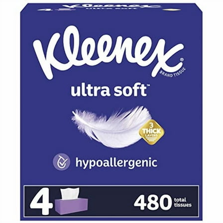 Kleenex Ultra Soft Facial Tissues, Soft Facial Tissue, 4 Flat Boxes, 120 Tissues per Box, 3-Ply (480 Total Tissues)