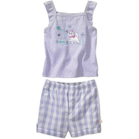 Disney - Newborn Girls' Marie Embroidered Shirt and Plaid Shorts, 2-Piece Set