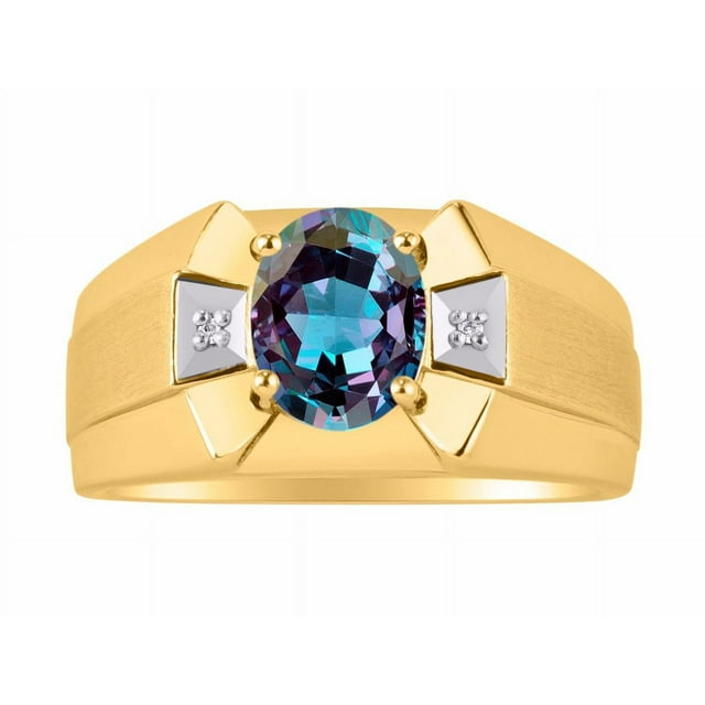 RYLOS Men's Rings Yellow Gold Plated Silver Rings Classic Designer 9X7MM Gemstone & Diamond Ring Alexandrite June Birthstone Ring Size 8