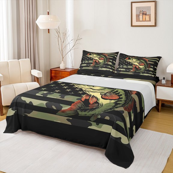 Homewish Hunting Pike Fish Full Size Sheets, Olive Camouflage Bed Sheets, Rustic Farmhouse Cabin Sheet Sets, Breathable Home Decor, 4pcs
