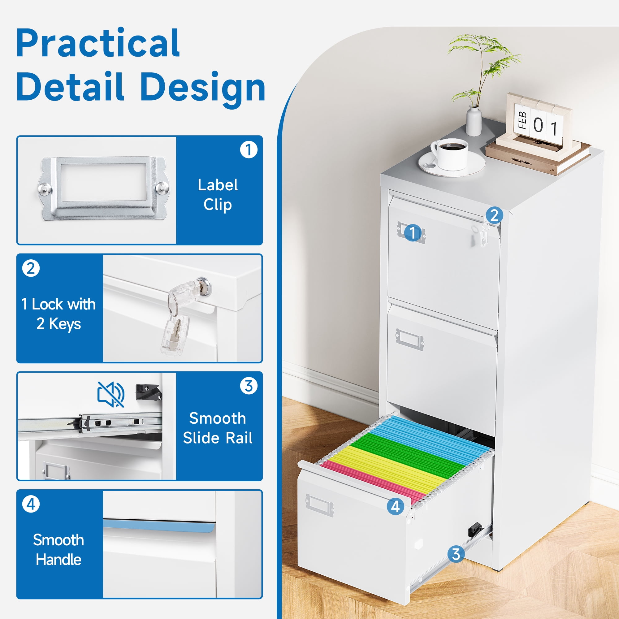 Fesbos 3 Drawer File Cabinet with Lock, File Cabinets for Home Office,18" Deep Vertical Metal White File Cabinet Office Storage Cabinet Organizer for Letter/Legal / A4