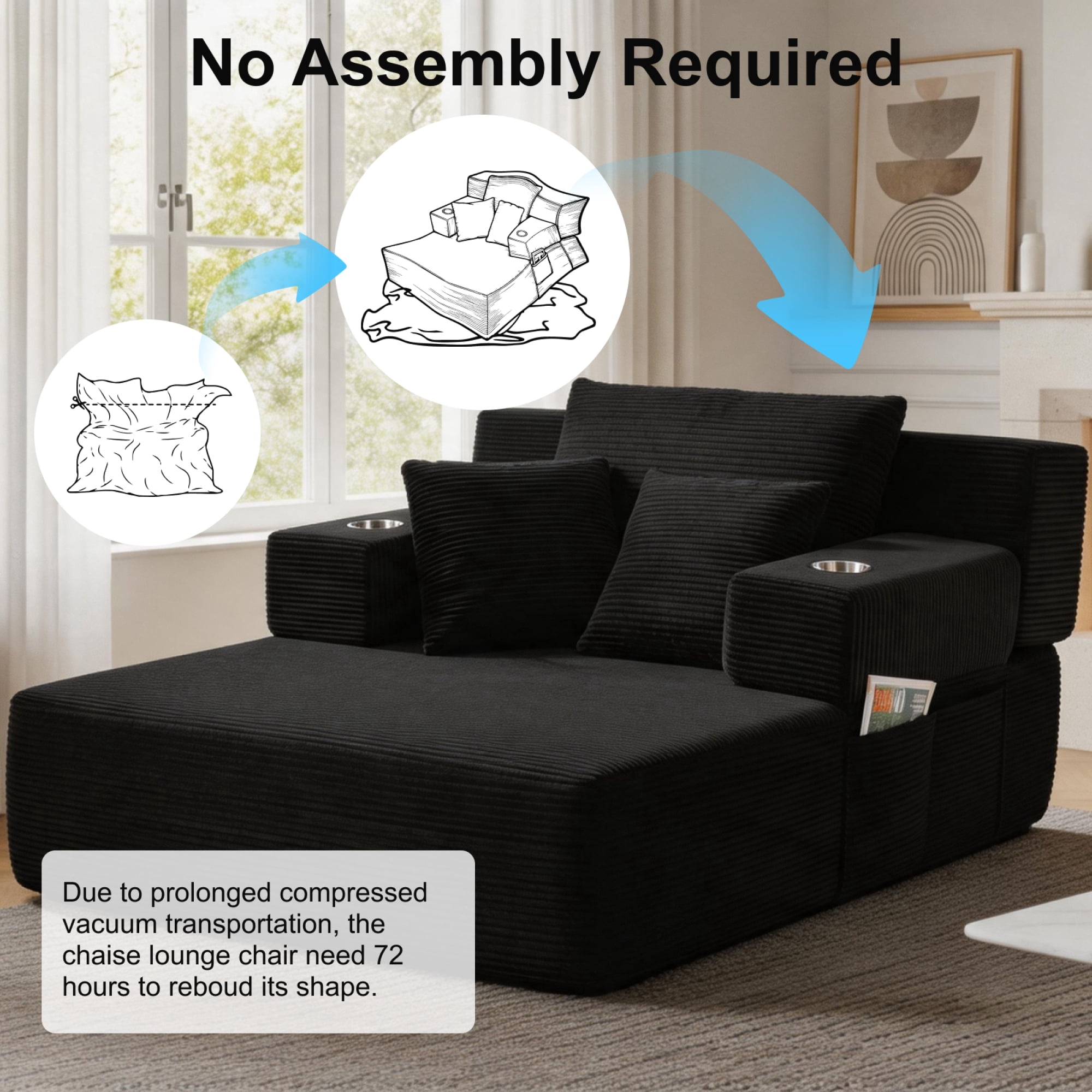 Leumius 70.8'' Oversized Chaise Lounge Chair Indoor,Plush Corduroy Upholstered Cloud Sofa Bed for Living Room,No Assembly Required,Black