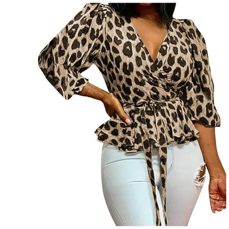 

Mrat Long Sleeve Womens Blouses and Tops Long Sleeve V-Neck Shirts Large Size Personality V-neck Long Sleeve Loose Leopard Print Tops Ladies Cloth Long Sleeve Bustier Tops for Female