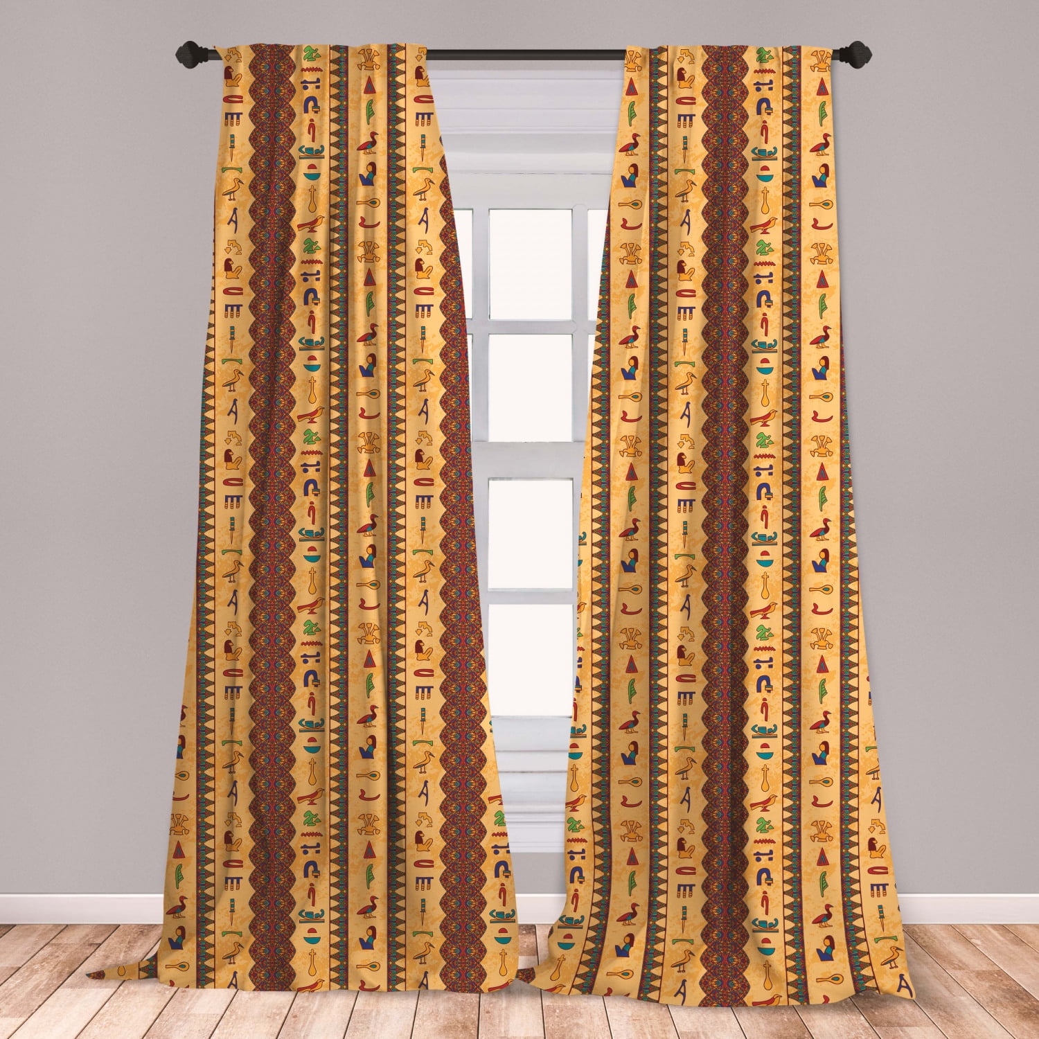 Egyptian Curtains 2 Panels Set, Hieroglyphs and Floral Geometric