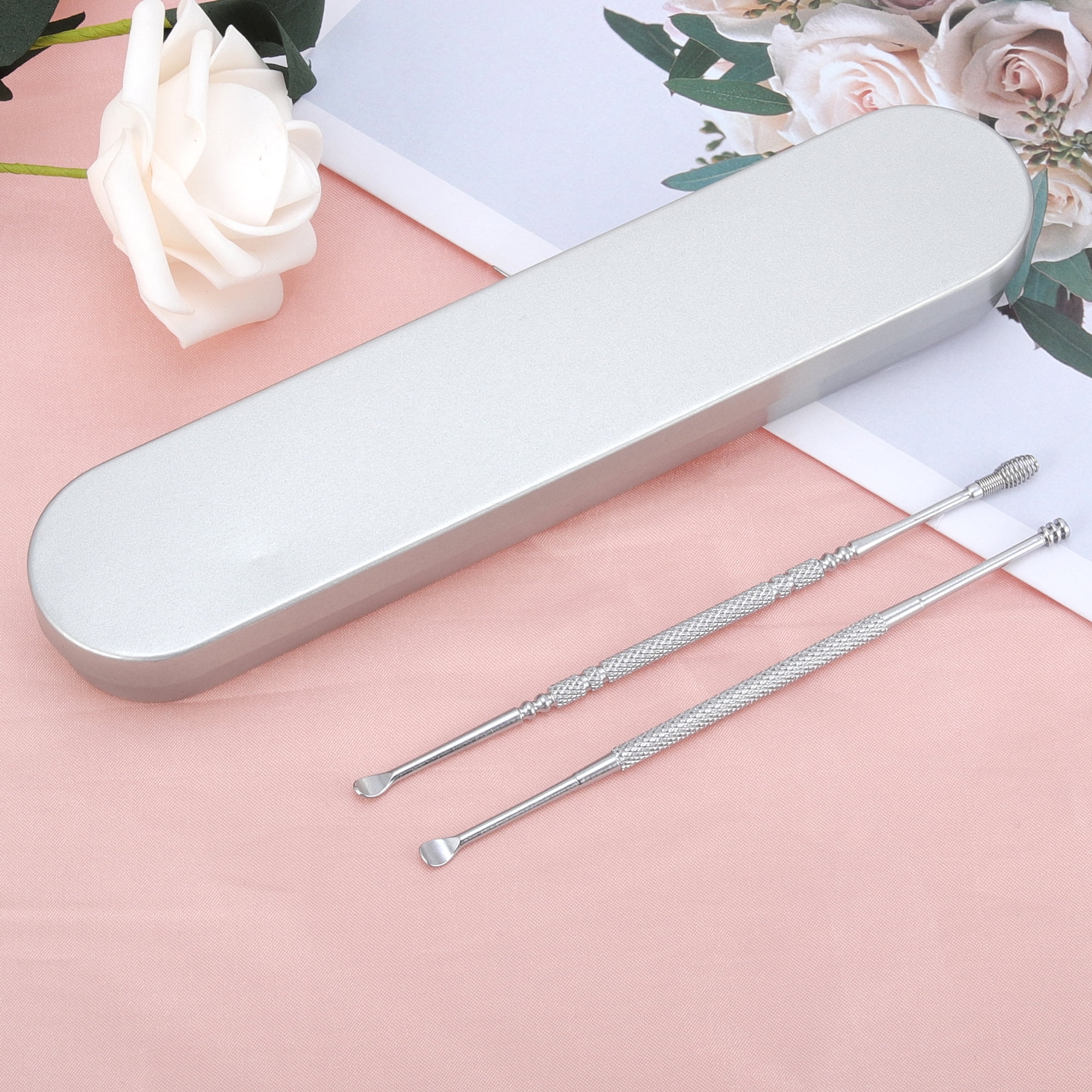 Unique Bargains Dot Pattern Earwax Cleaning Tool Kit 2 Pcs with Ergonomic Design Silver Tone