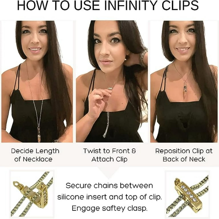 Infinity Clips Necklace Shortener 2 PC Set for Thin Chains 18K Gold Plated Brass Necklace Shortener Clasp with Cubic Zirconia Accents