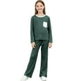 thumbnail image 3 of dazeni Boys Girls 2-15 Years 2 Piece Outfits Color Block Long Sleeve Tops and Straight Leg Pants Lightweight Spring Fall Housewear Sleepwear Army Green 10-11Years, 3 of 5