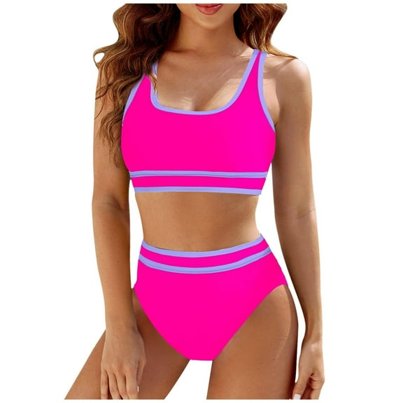 XEGLSBU Womens Swimsuits with Shorts Women's High Waisted Bikini Sets Sporty Two Piece Swimsuit Color Block High Cut Bathing Suits Hot Pink Size L