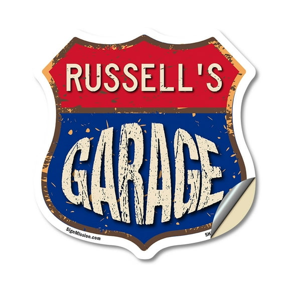 Russell's Garage 18 inch X 18 inch Shield Shaped Heavy Duty 3.2 mil Vinyl Decal Weather Resistant, UV Protected To last, Gift for Dads and Uncles Classic Americana Crafted in the USA