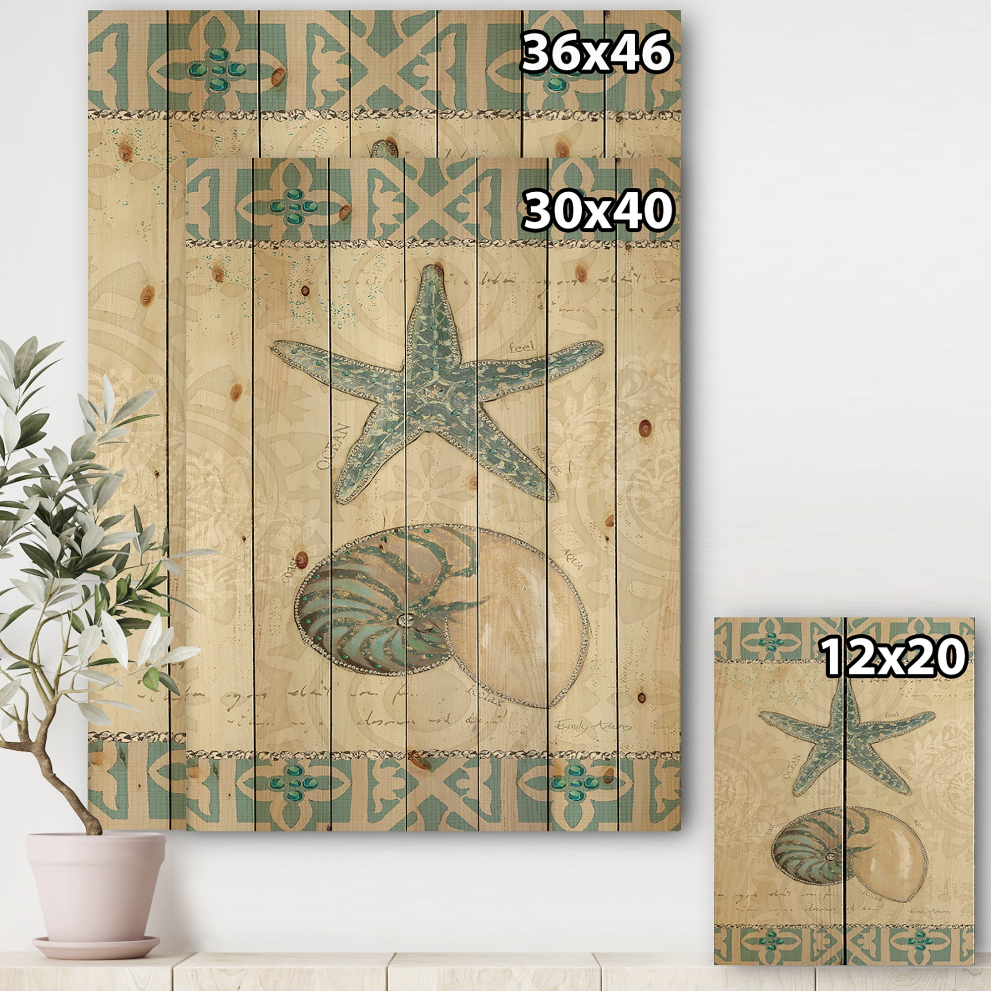 Designart 'Seastar and Blue Sea Shell I' Nautical & Coastal Print on Natural Pine Wood