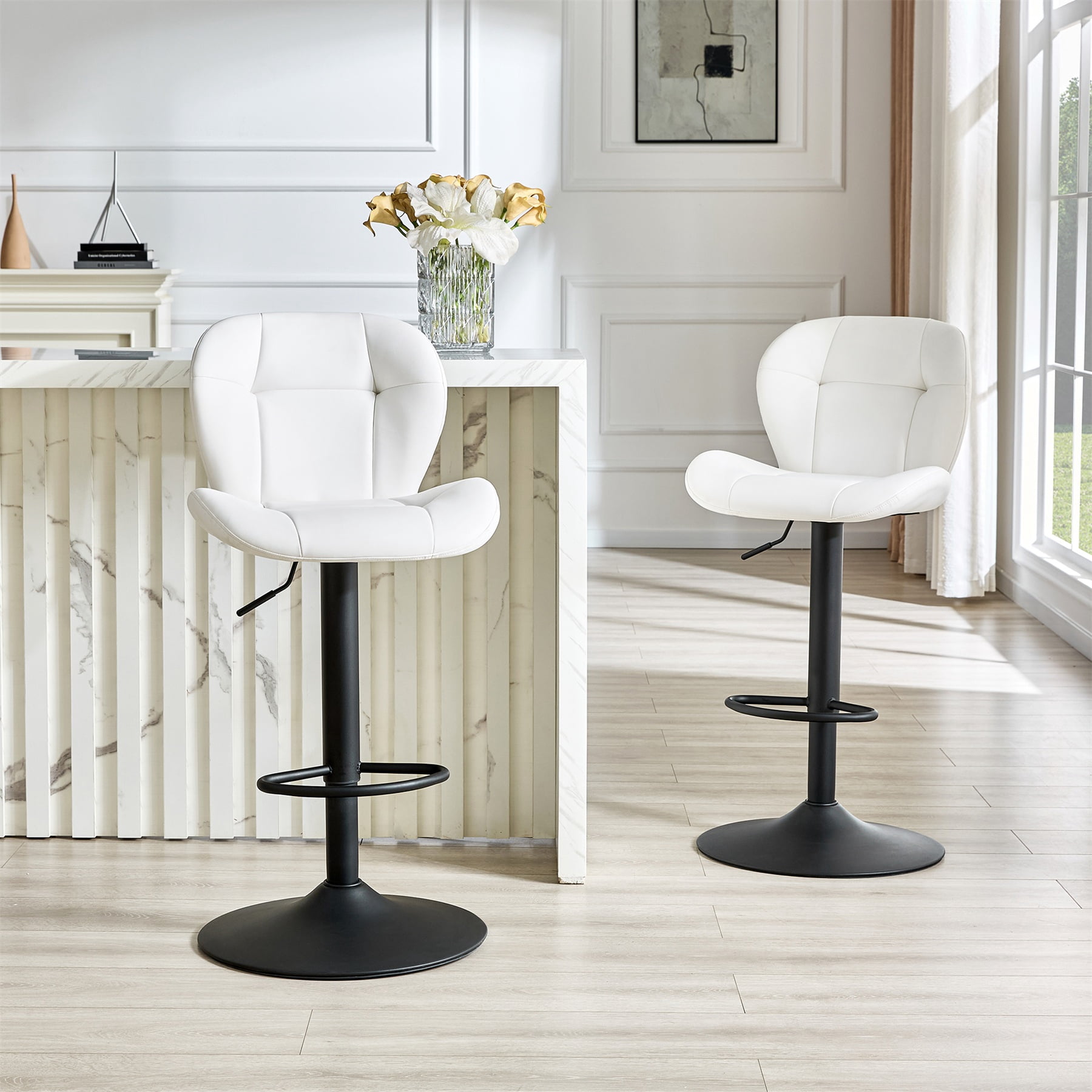 Alvantor Adjustable Bar Stools Set of 2 Modern Leather Swivel Bar Stools Counter Height Bar Chairs for Kitchen Island White