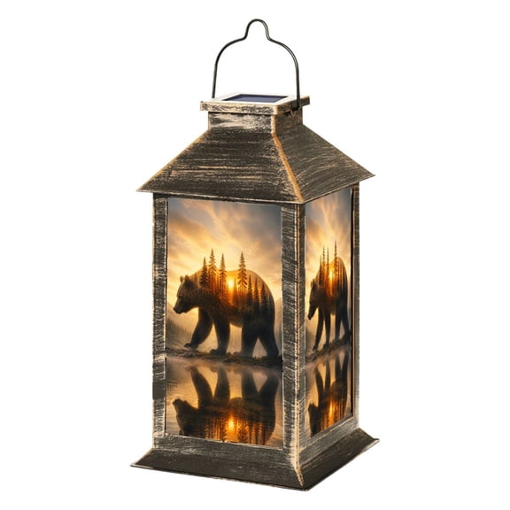 Solar Lantern Animal Forest Scene DIY Gem Art Home Wall Decor Bear Trees Sunset Garden Hanging Lantern Waterproof Solar Powered Lighting Outdoor Lamp for Deck Yard Camping Patio Decor