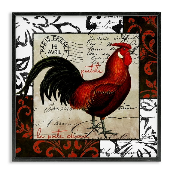 Stupell Industries Rooster & Vintage Post Animals Painting Black Framed Art Print Wall Art, 12 x 12